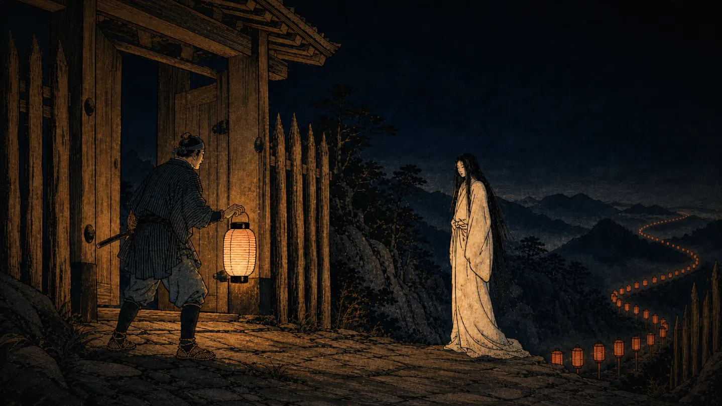 A lantern-bearing gatekeeper faces a white-robed traveller at a mountain gate after dark.
